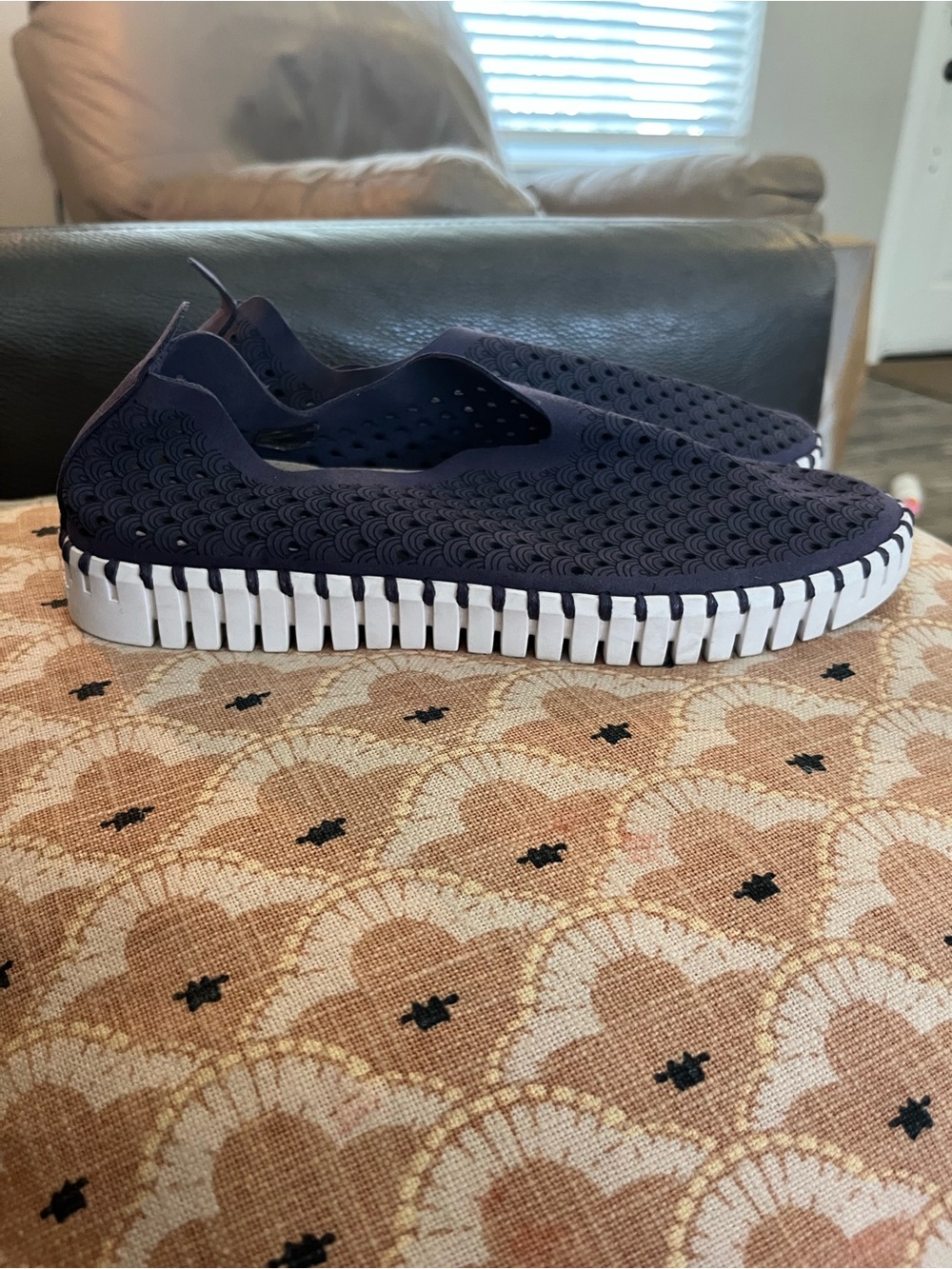 Ilse Jacobsen Navy Slip-On Perforated Moccasins with White Sole